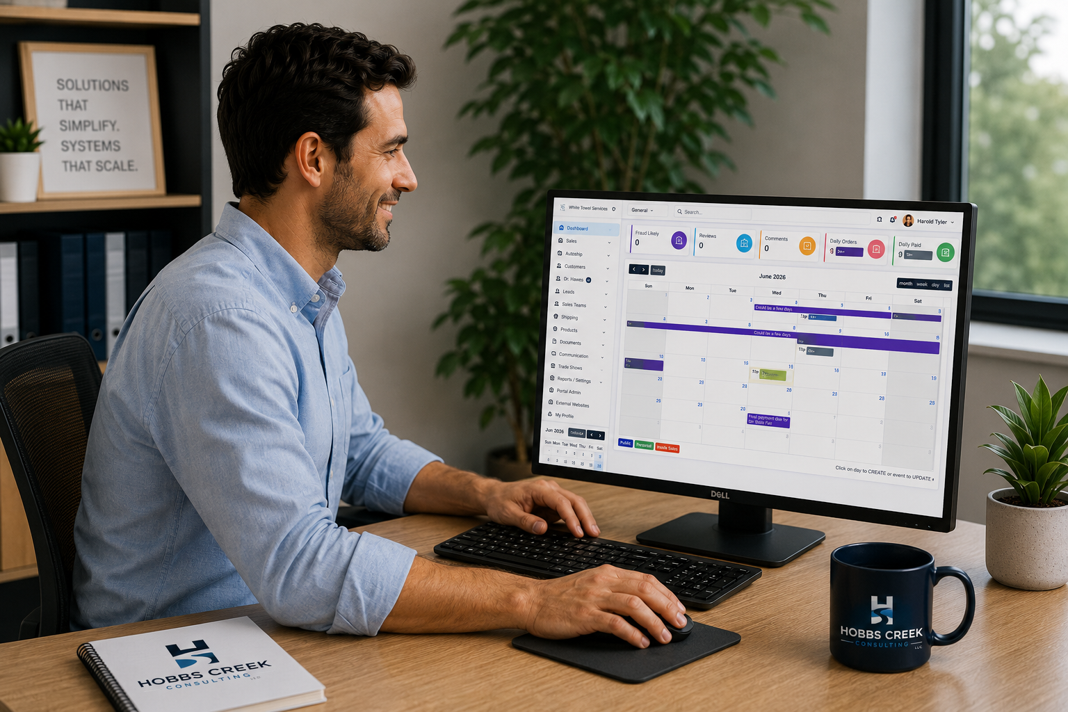 Business owner using a custom Hobbs Creek portal with dashboards, reports, workflows, and operational visibility