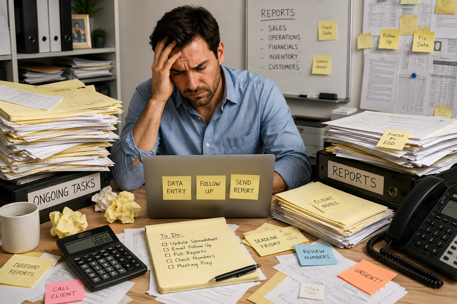 Business owner overwhelmed by spreadsheets, paper notes, calculators, and manual processes